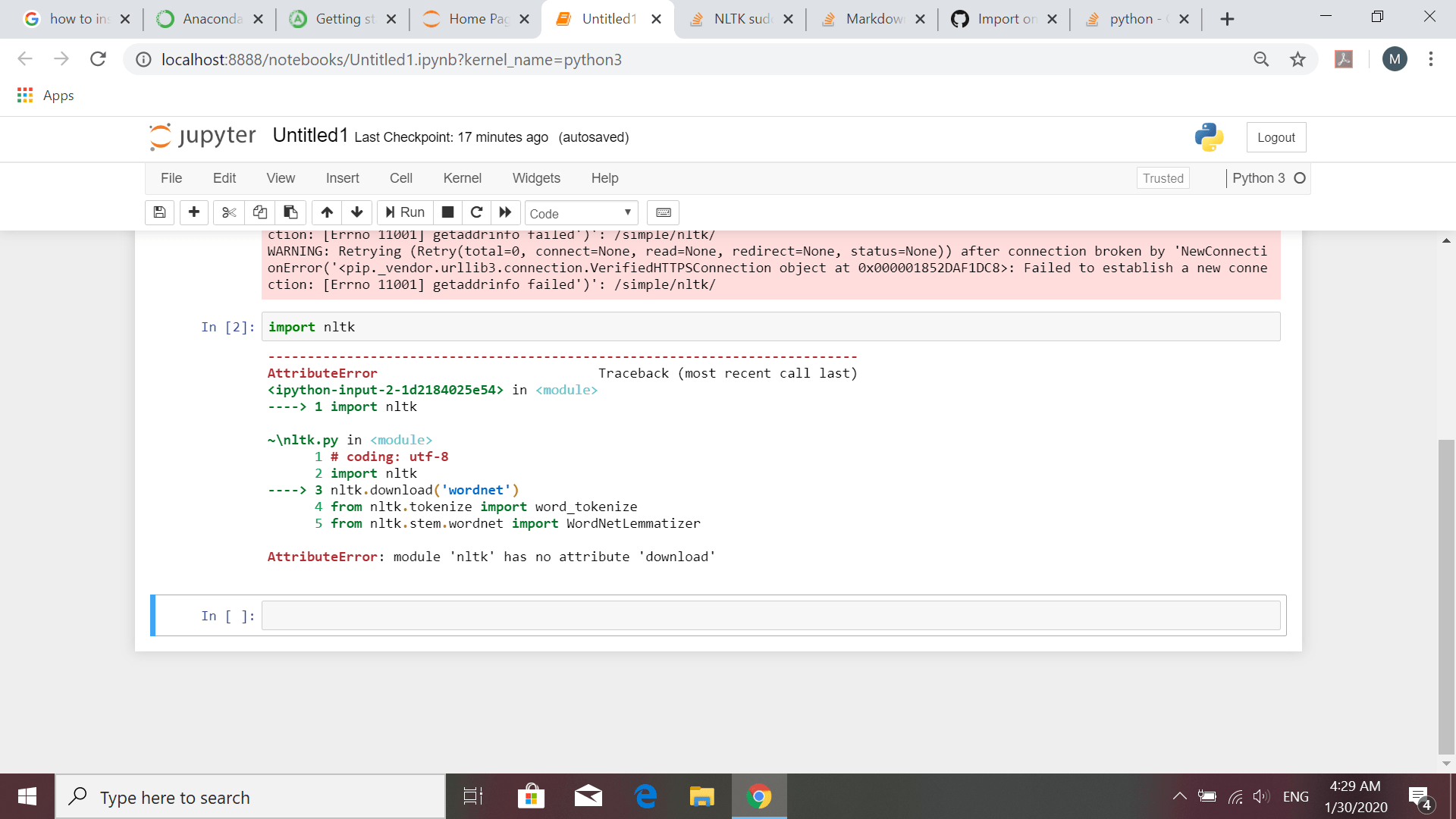 python NLTK suddenly not working in anaconda, jupyter notebook