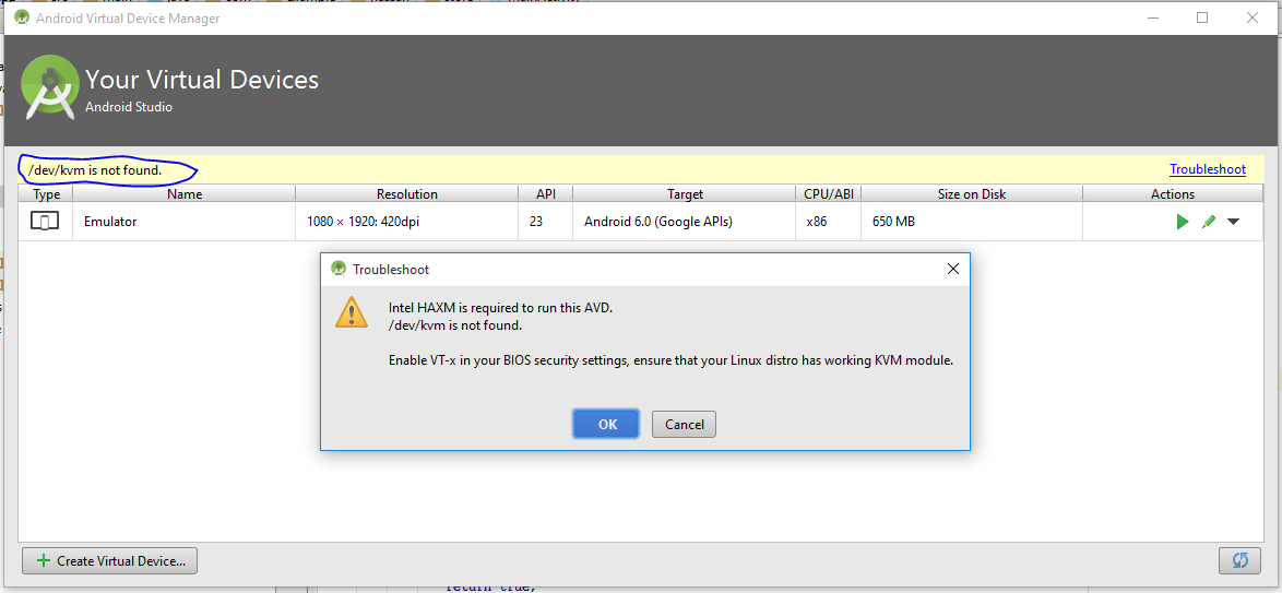 android Error dev/kvm not found on windows Stack Overflow