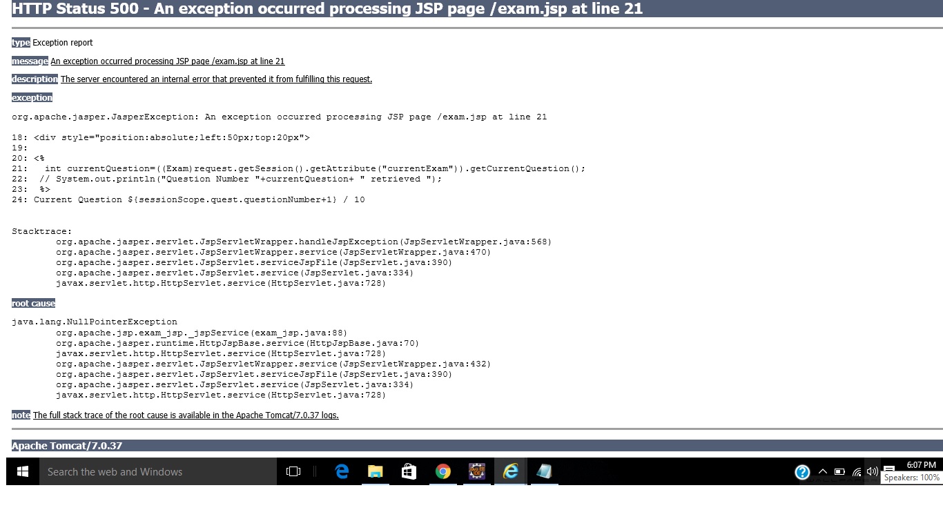 Cannot get over the null pointer exception in exam.jsp