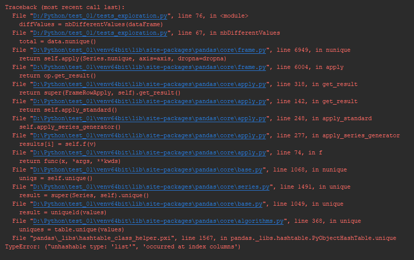 python Pandas dataFrame.nunique() ("unhashable type 'list