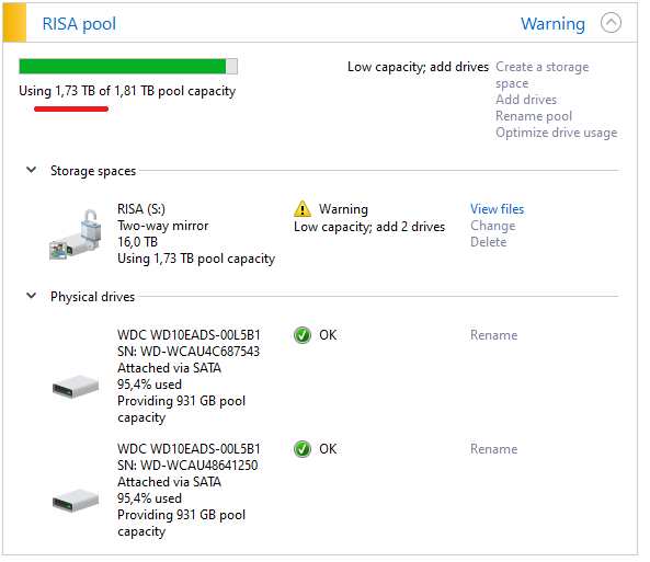 Windows Storage Spaces is incorrectly giving "Low capacity" warning after windows update Super