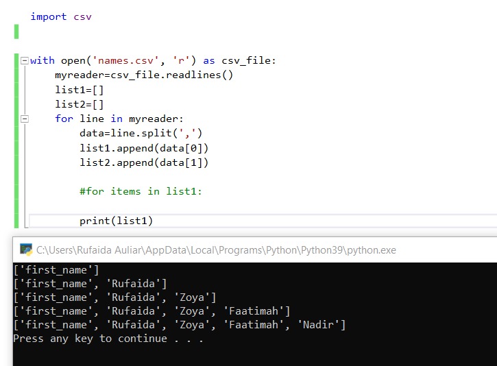 How to store data of a specific column from a csv file to a list in