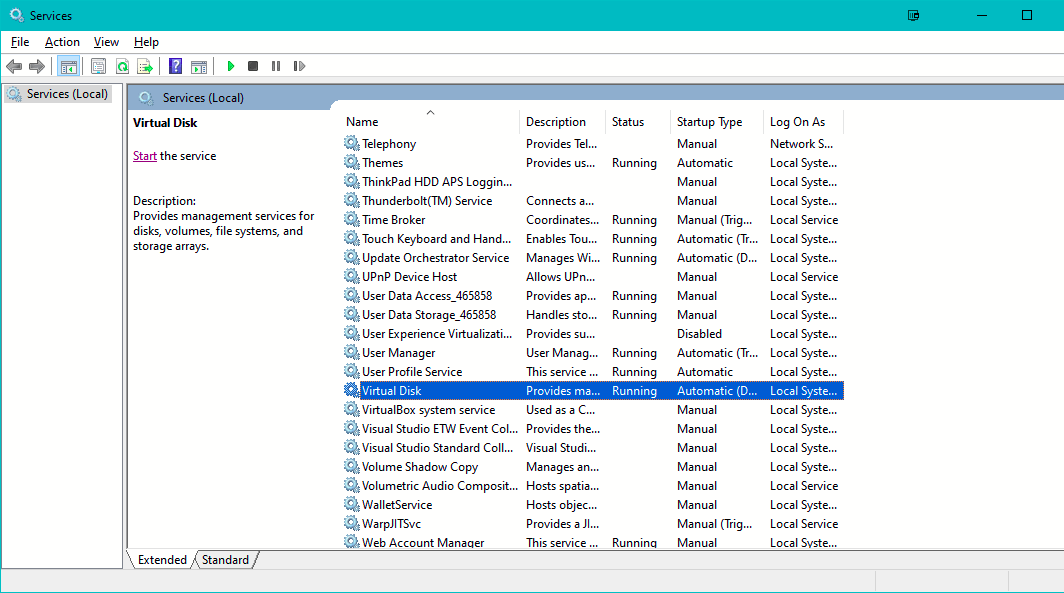 windows 10 Disk management unable to connect to virtual disk service