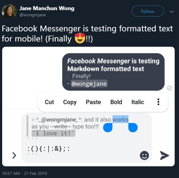 Can't type/view bold text in Android Facebook Messenger App Stack