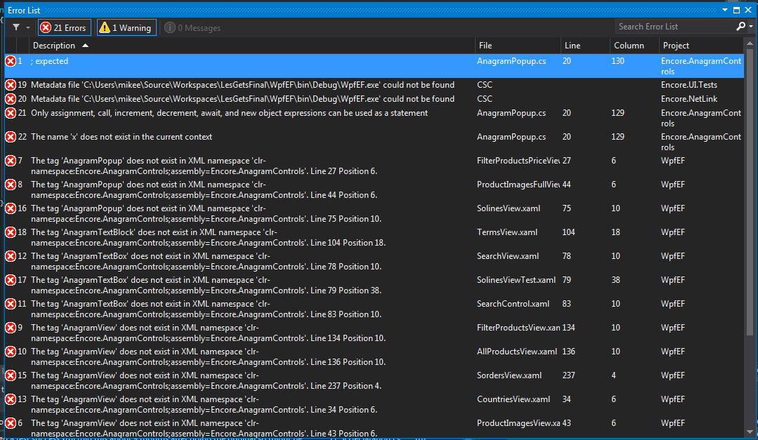 c Visual Studio displayed lots of errors, but there is only one