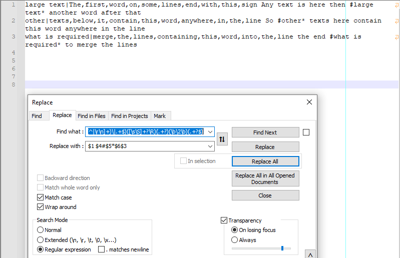 notepad++ Merge lines that contain word anywhere With line that has