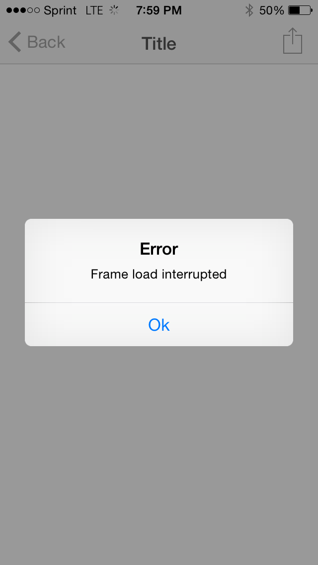 ios Phonegap app on iPhone triggers "Frame load interrupted" error