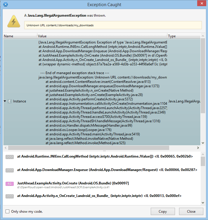 c DownloadManager in Android (xamarin) throw Java.Lang