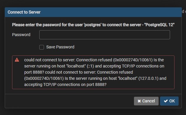 postgresql Could not connect to server Connection refused (0x0000274D/10061) Is the server