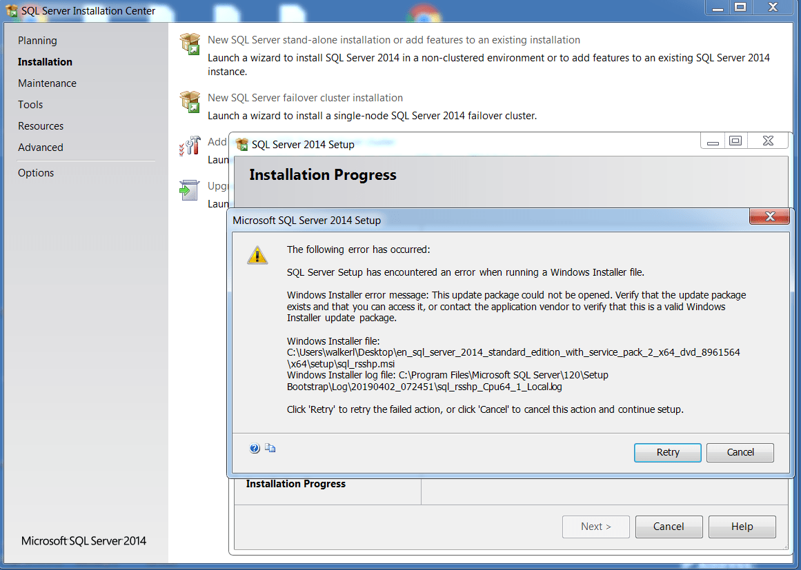 installation Unable to install Sql Server 2014 (Windows Update issue