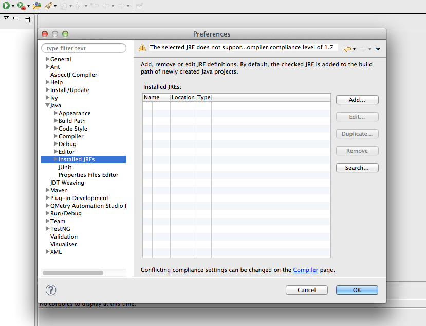 java Default JRE path not set on eclipse plugin project in MAC