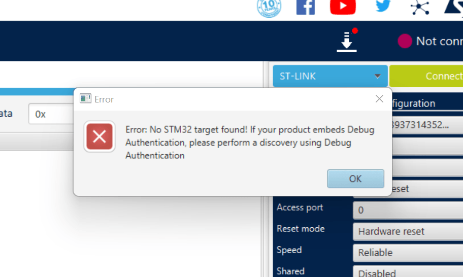 STM32CubeProgrammer Error No STM32 target found! If your product