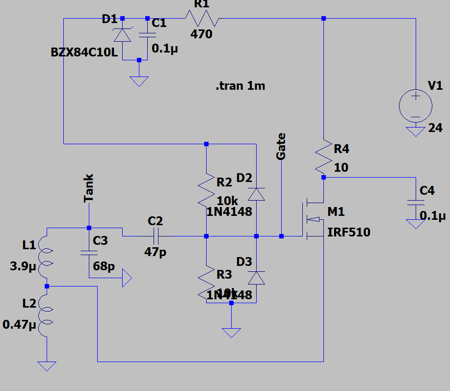 LTSPICE Dirty gate voltage and low gain Hartley oscillator using
