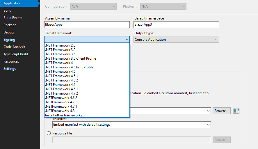 visual studio 5 cant be selected as Target Framework in VS2019