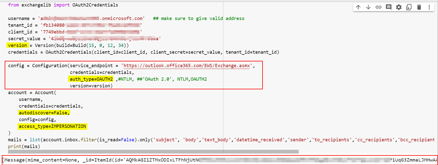 python exchangelib OAUTH authentication NonExistentMailbox error