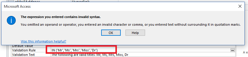 database How do I create an 'IN' validation rule in MS Access 2013