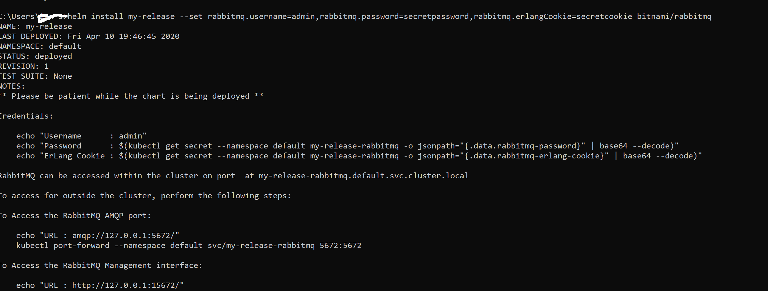 docker RabbitMQ pod web username and password? Stack