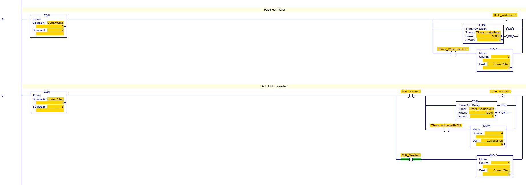 plc Ladder Logic 'Simple' Coffee Machine Optional Add Milk / Add