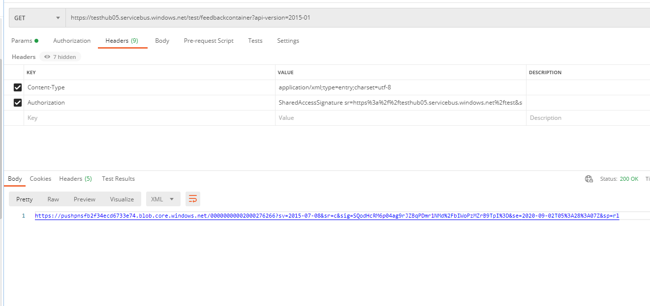How to use the "Azure Storage Container URL" returned by the PNS