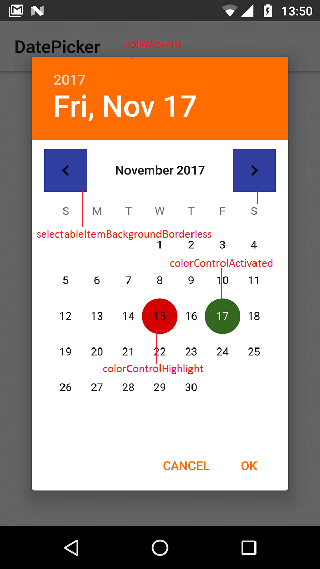change calendar color android How to change the style of a DatePicker in android? Stack Overflow