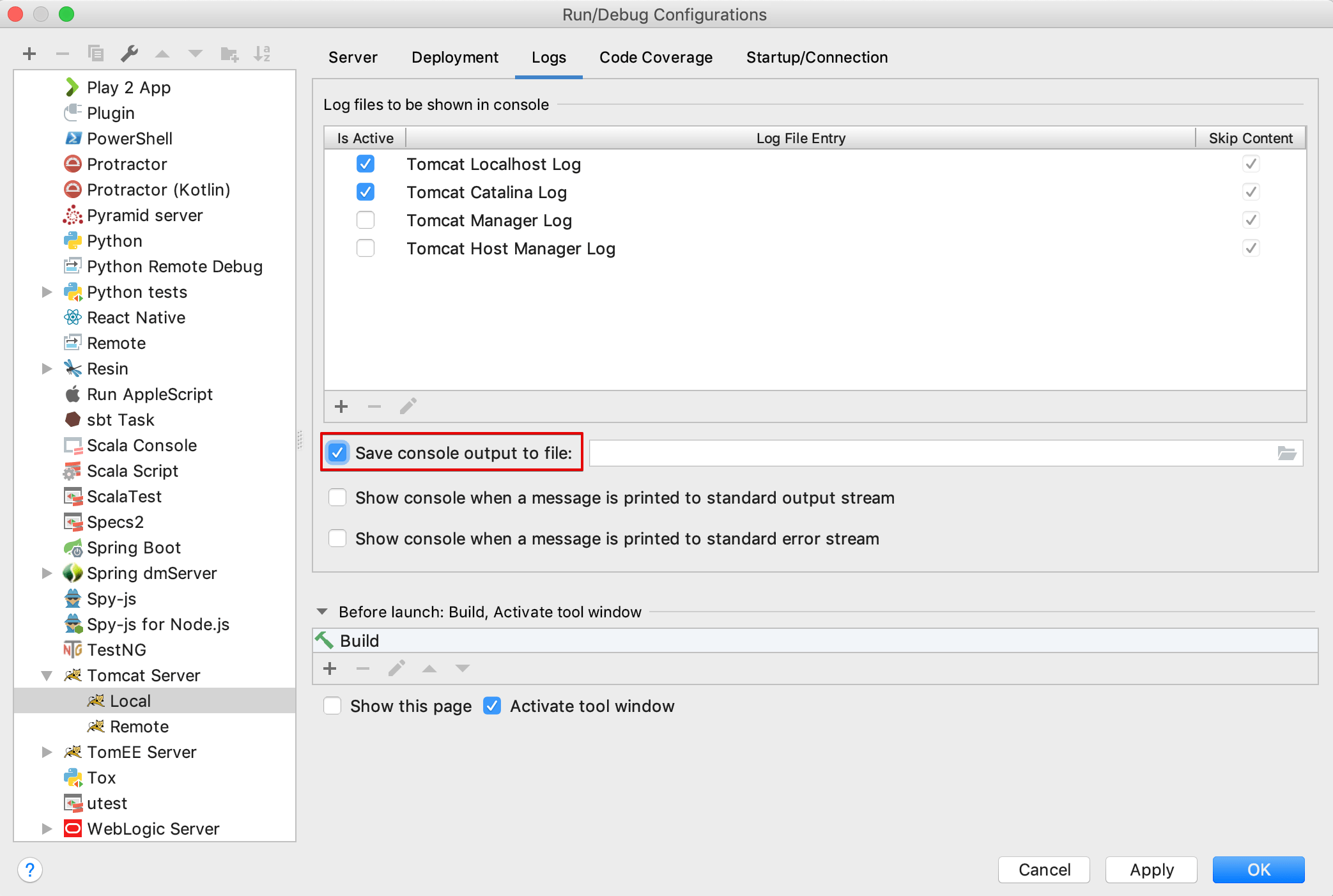logging Redirect Apache Tomcat console log to Intellij (output tab