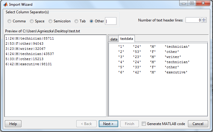 Import data from text file include numbers and strings Into Matlab