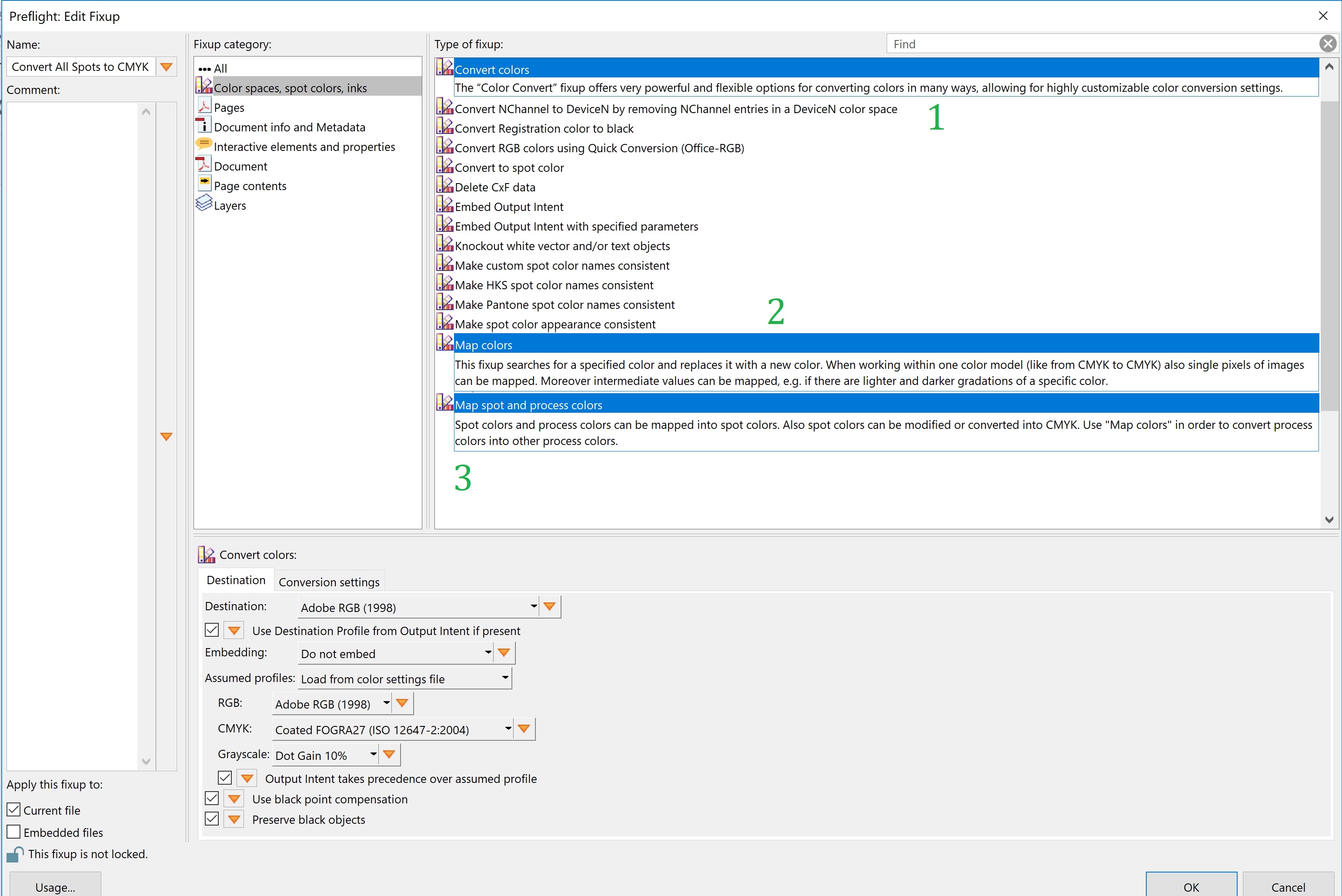pdf How do these Acrobat fixups differ 'Convert' vs 'Map' vs 'Map spot and process' colors