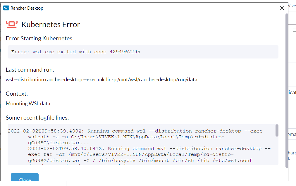 Error wsl.exe exited with code 4294967295 on Installing Rancher