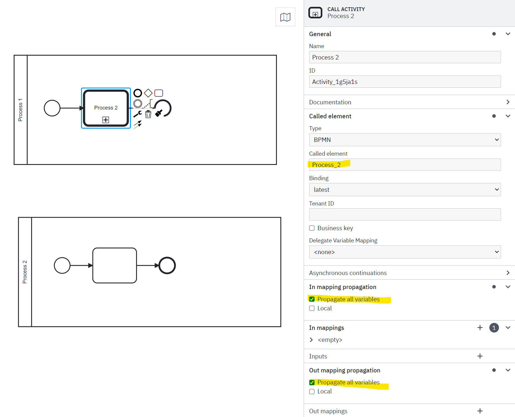 Pass variables to different processes using call activity in Camunda