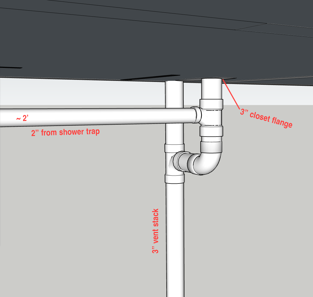 Can a 2″ pipe connect vertically to a 3″ pipe before it hits the vent
