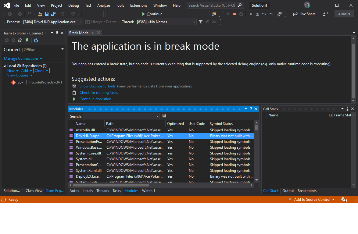 debugging Viewing the stack when attached to a process Visual