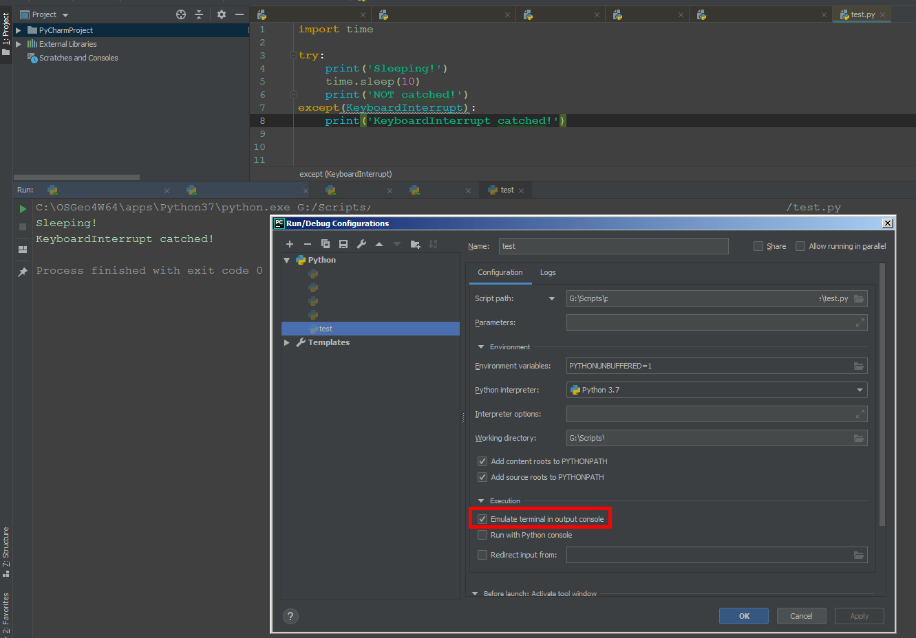 python Keyboard interrupt in debug mode PyCharm Stack Overflow