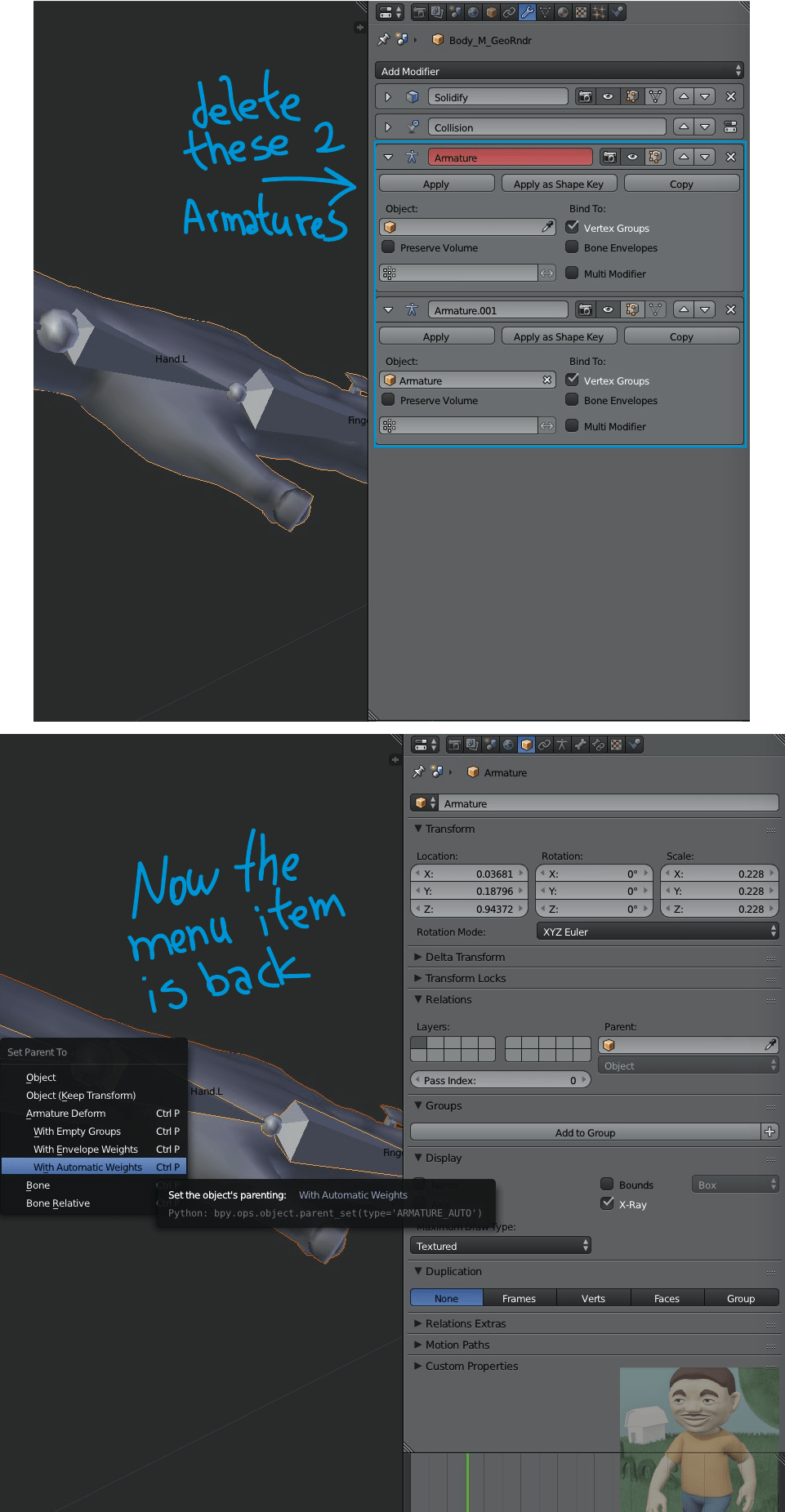 Set parent with automatic weight error Blender