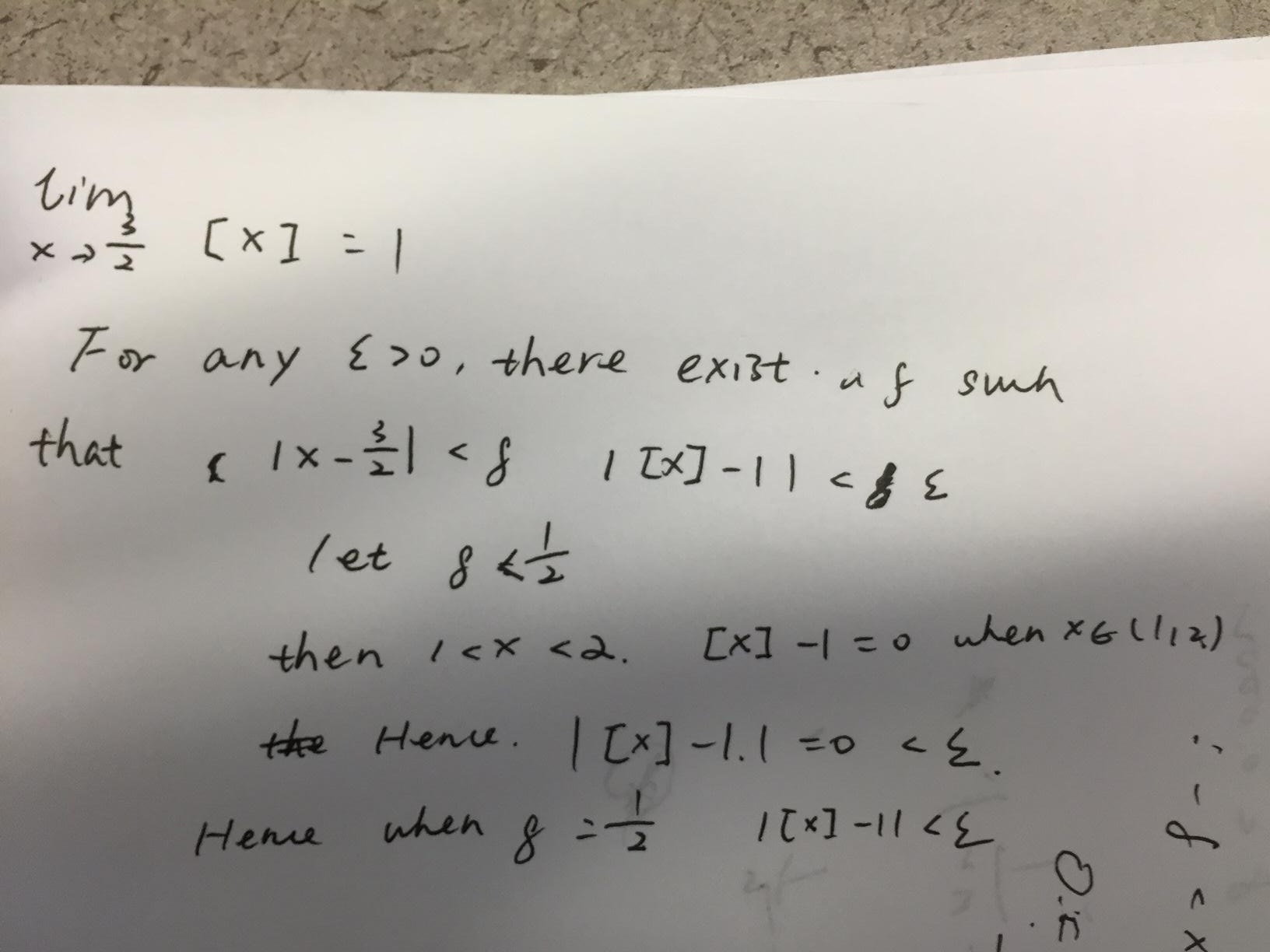 limits Prove lim_{x\to3/2}[x]=1 using epsilondelta Mathematics