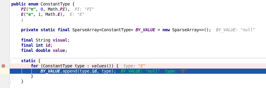 Strange behavior of JUnit4 with static final SparseArray field in Enum