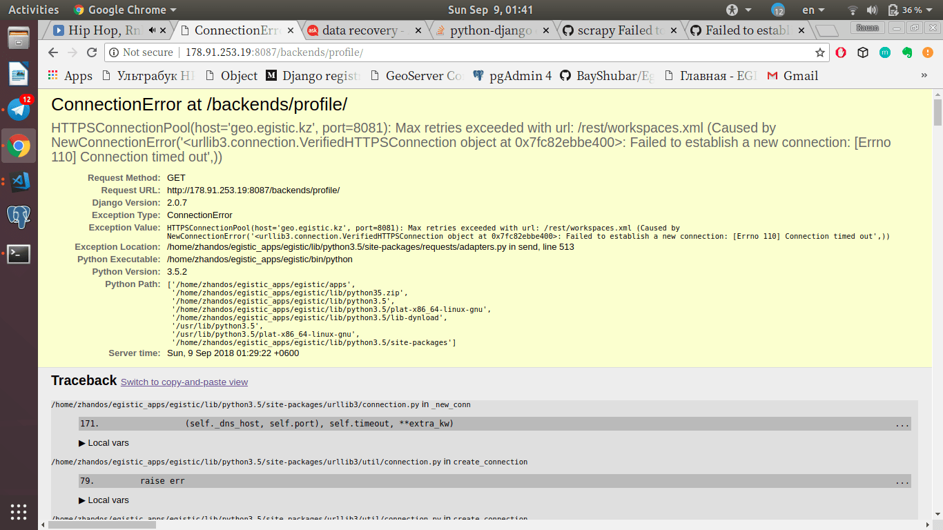 django 'ws = cat.get_workspace('rake_ereke')' code works locally, but