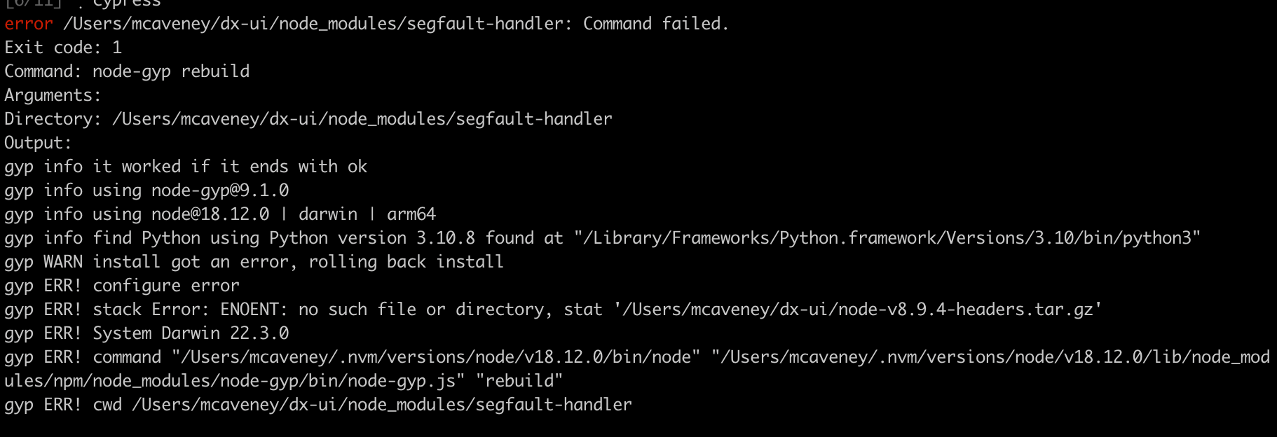 node.js yarn install fails because nodegyp is looking for dated node