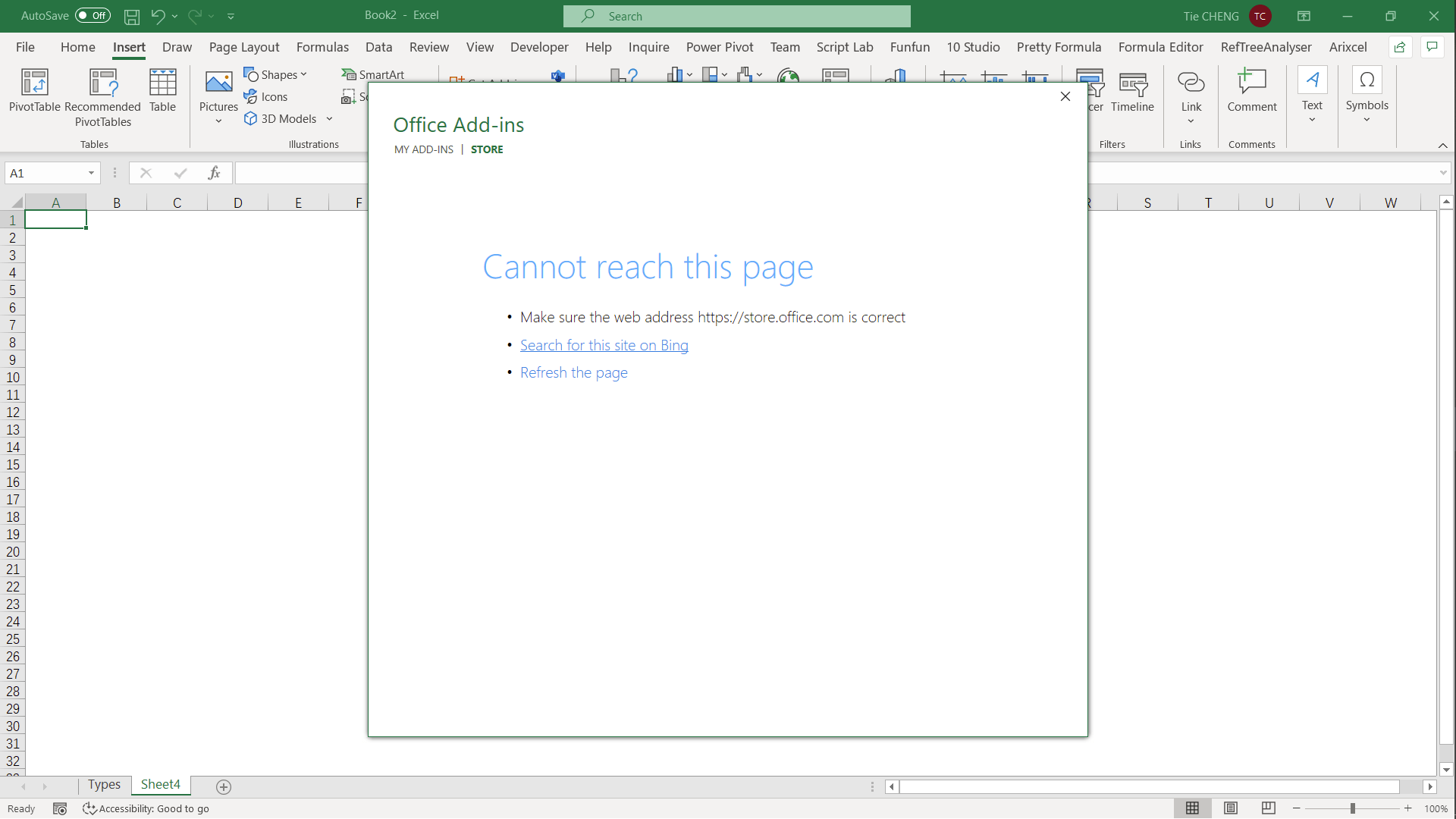 Cannot open Store of Office addins Super User