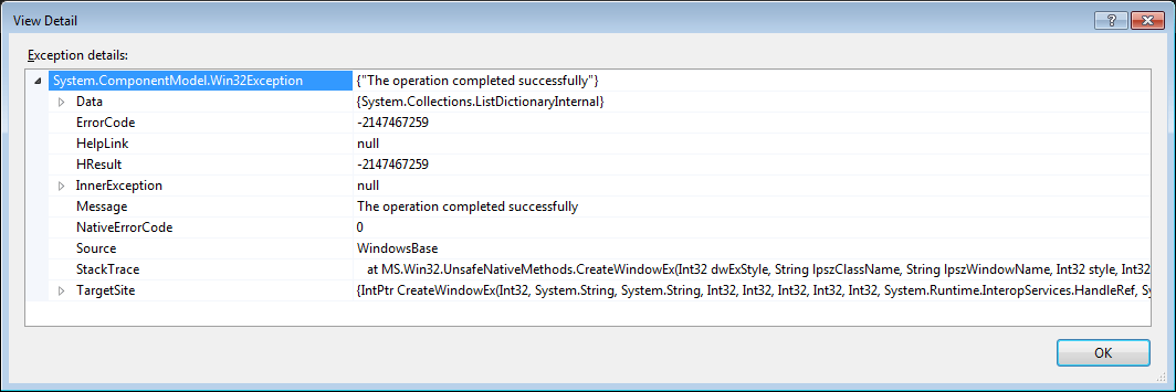 c Exception "The operation completed successfully" raising property