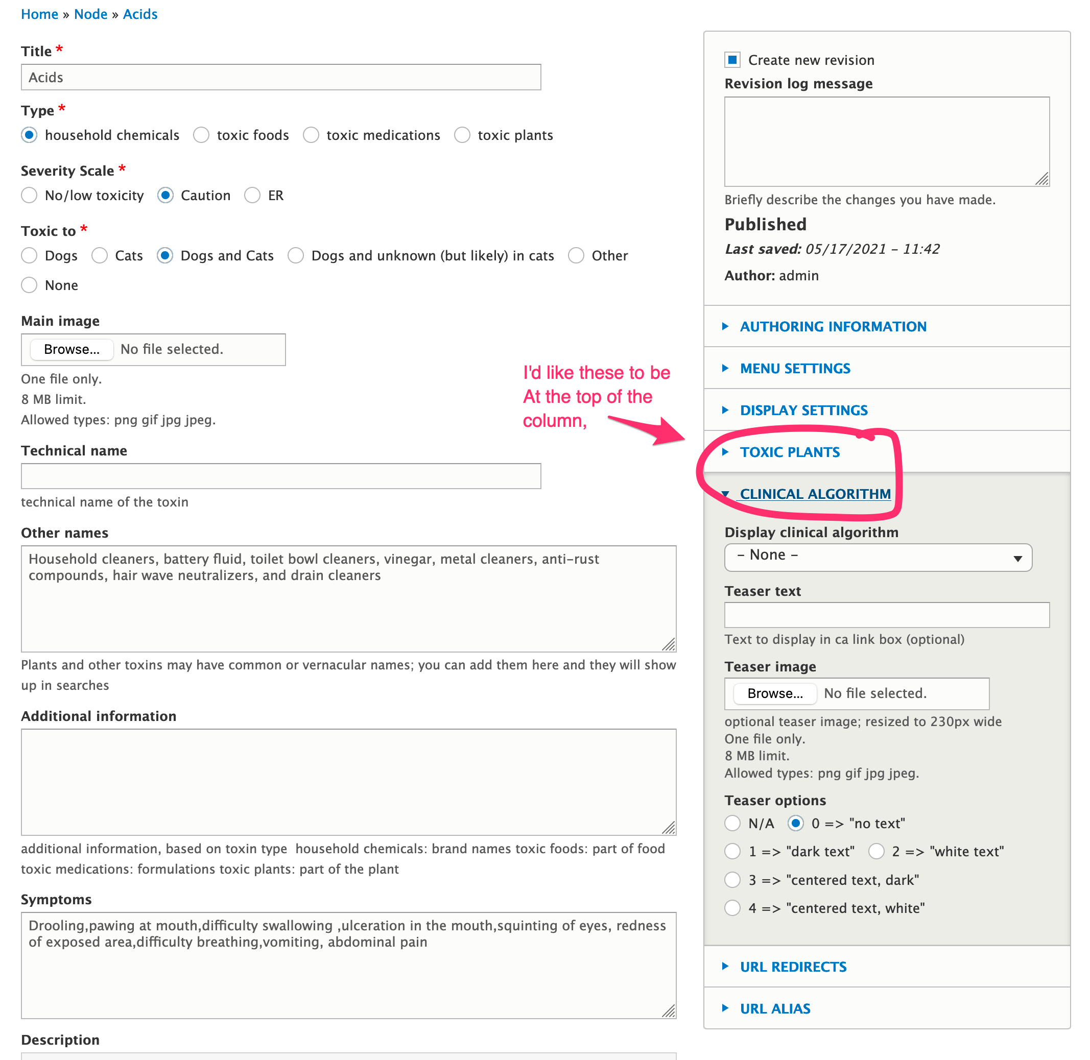 how to order grouped fields in the sidebar on a node form Drupal Answers