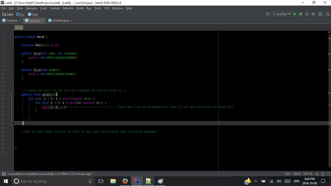 java creating cell class then grid class with 2d array of cells