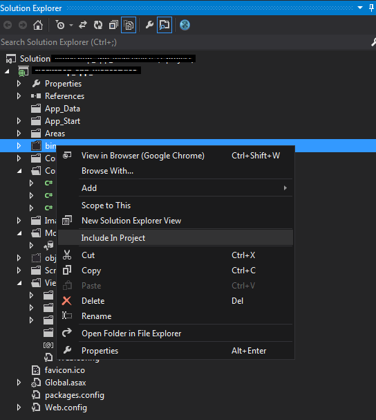 visual studio Why can't i add Bin Folder in an MVC web