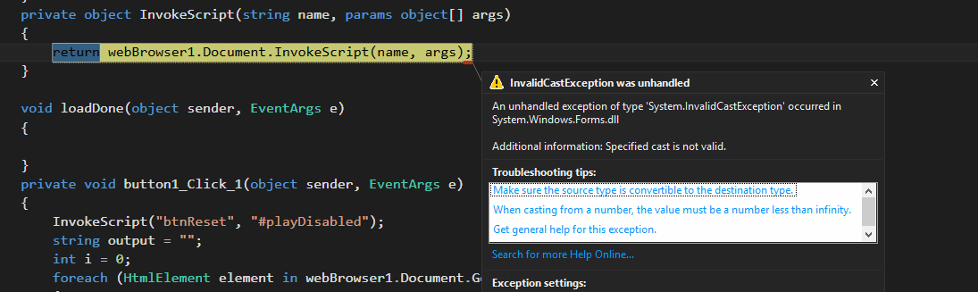 javascript c web browser Invoke Script in event handler not working