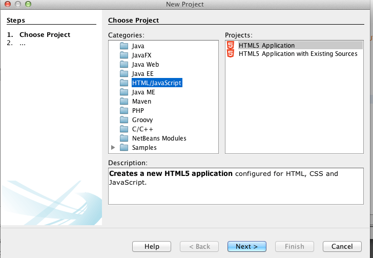 Netbeans (7.3) how to create a 'Java  app' and HTML/JavaScript