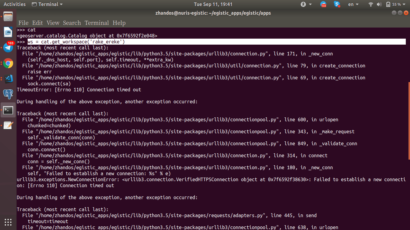 django 'ws = cat.get_workspace('rake_ereke')' code works locally, but
