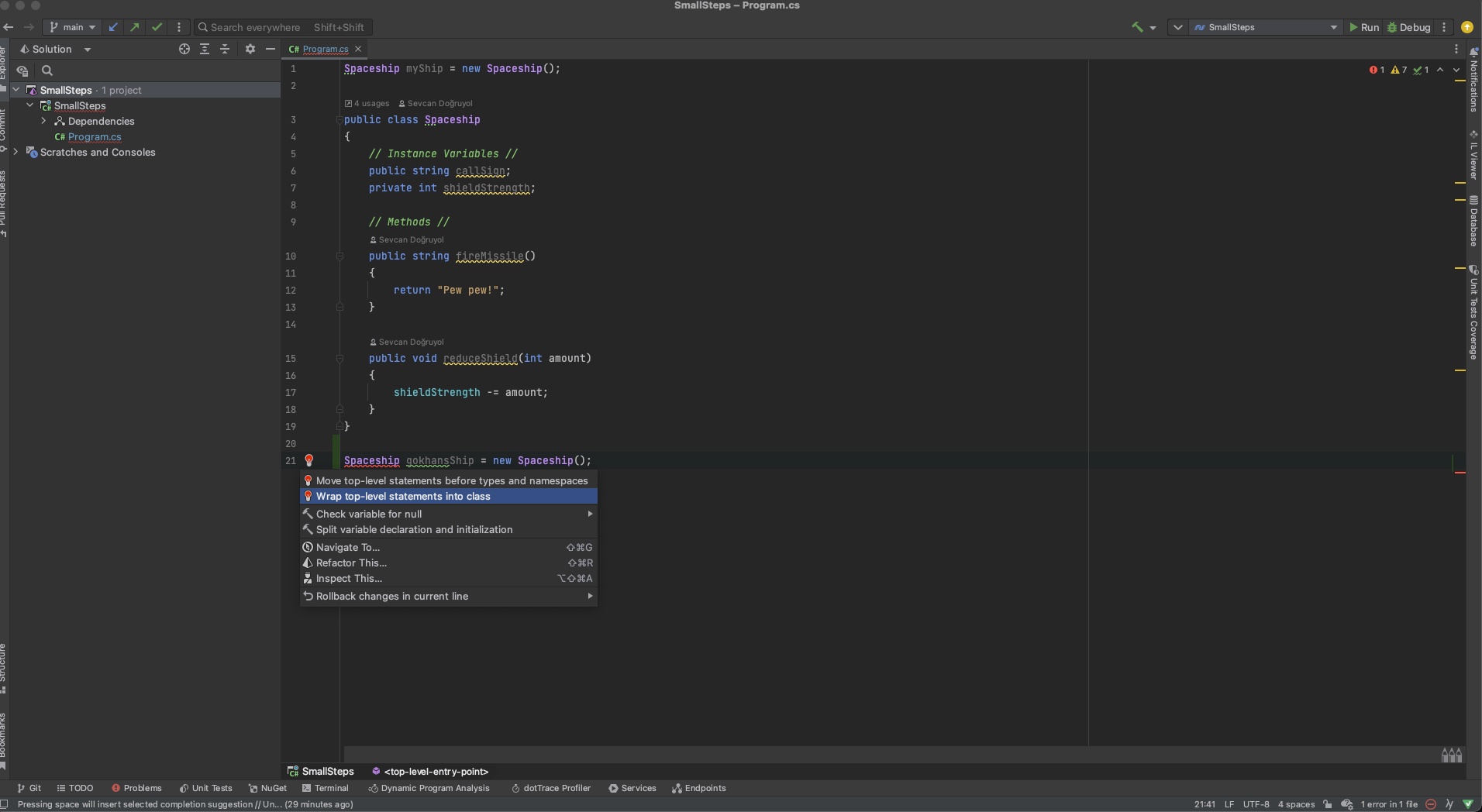 c "Wrap top level statements into class" or "Move toplevel