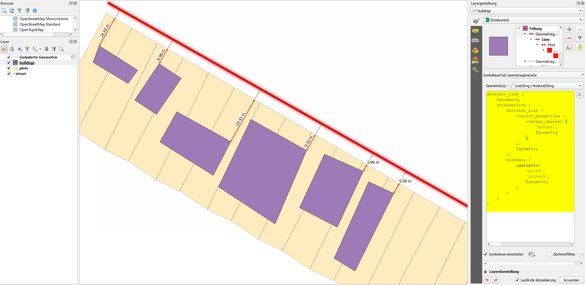 qgis Calculating distances between buildings, plots and road network