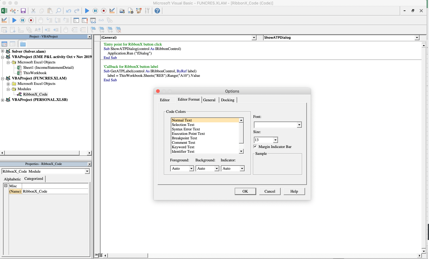 vba How to change the font in Visual Basic editor (UI & Code) in