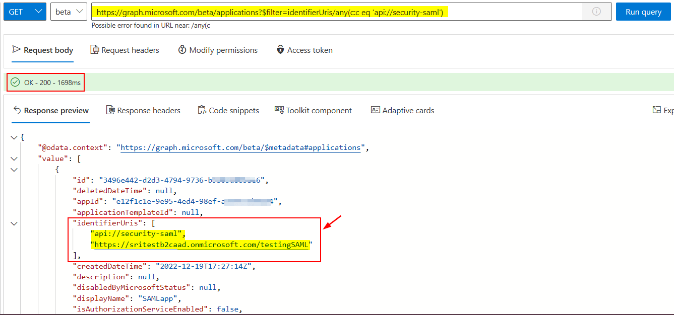 microsoft graph api Filter Application Based on IdentifierURIs