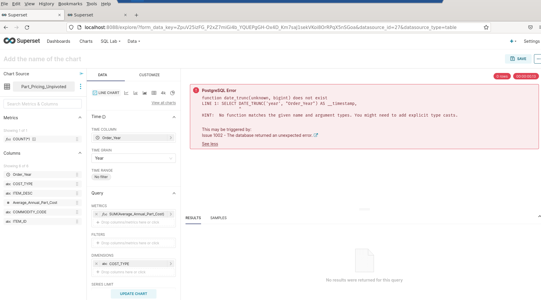 Apache Superset PostgreSQL 'function date_trunc(unknown, bigint) does